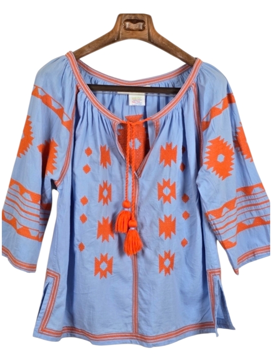 Gretchen Scott Designs Tops - Gretchen Scott Montezuma Tunic Light Blue Orange Embroidered Cotton Boho Top XL